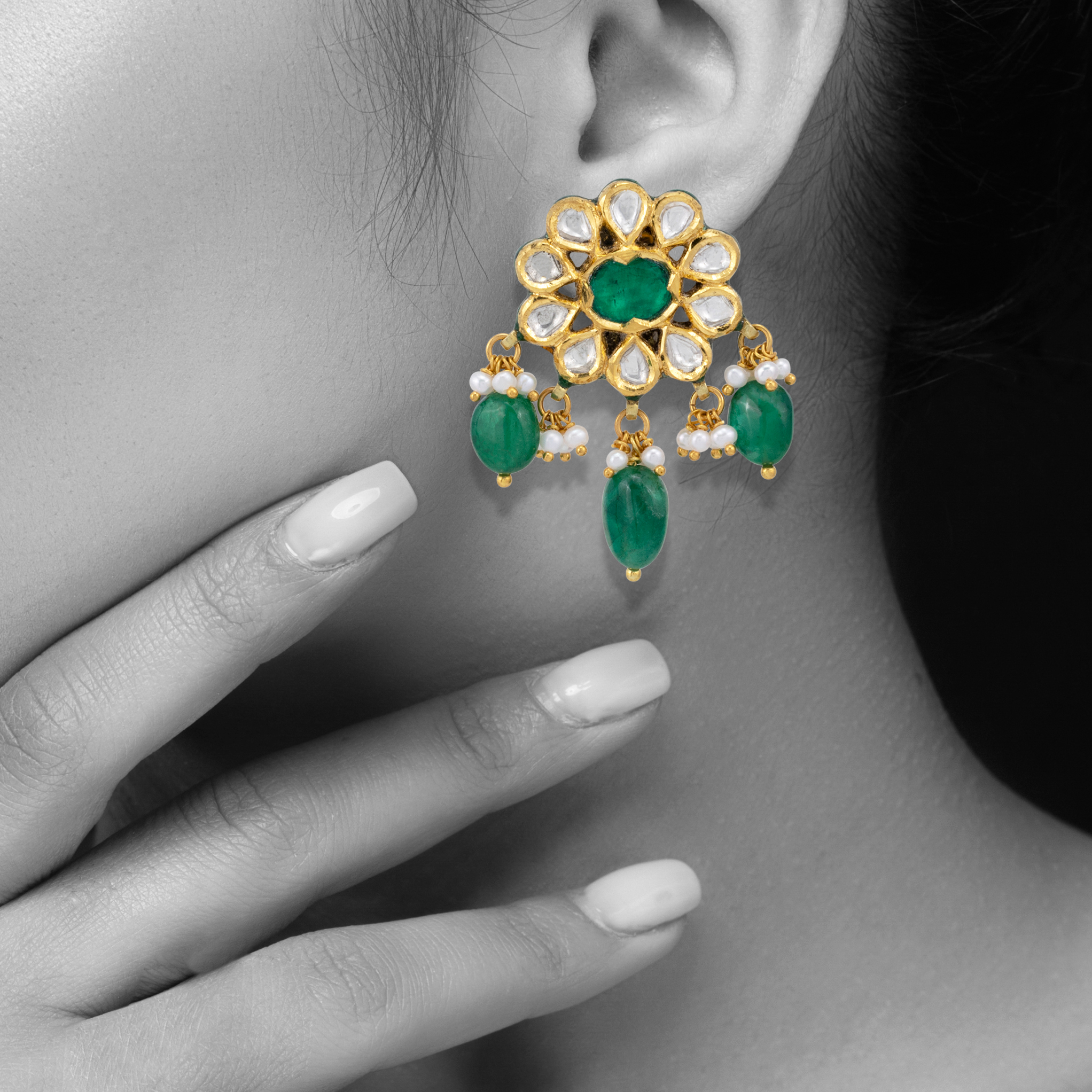 Green Talaf Floral Studs with Polkis, Emerald and Pearls